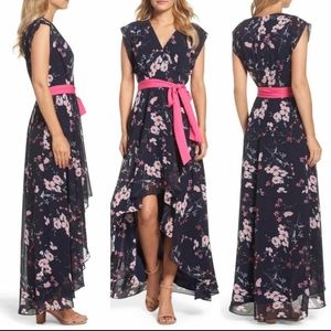 Eliza J Floral High/Low Faux Wrap Chiffon Dress